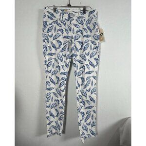 Seven7 Womens White Blue Feather Print Skinny Pants Size 10 Stretch New $74